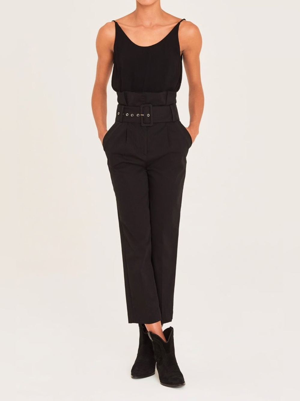 BA&SH Khol Black High-Waist Belted Trousers Large Chic Minimalist Academia Boho